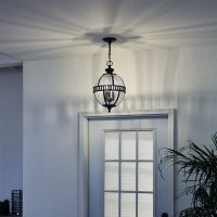 "Ruskin" Traditional Orb Hanging Chain Lantern in Black in Situ with Short Chain