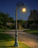 Lady Delphine" Antique Blue Ornate Cast Iron Globe Lamp Post 2.5m digital illustration at night