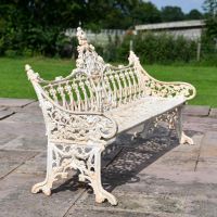 Side view of Antique Cream Cast Iron Gothic Three Seater Bench Side view of Antique Cream Cast Iron Gothic Three Seater Bench