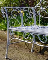 "Ophelia" Wrought iron Two Seater Garden Bench Close up of Scrollwork Design