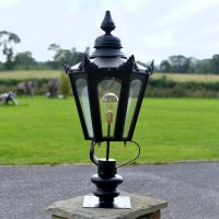 Black Hexagonal Pillar Light and Lantern Set in Situ on a Driveway