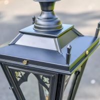 Close up of Black Gothic Lantern with Corner Finials 