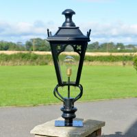 81cm Black Gothic Pillar Light and Lantern Set in Situ on a Brick Pillar