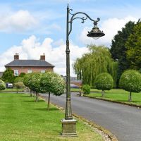Antique Pale Green Ornate Gothic Cast Iron Lamp Post Installed On Driveway