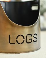 "LOGS" Log & Kindling Holder In Antique Brushed Gold Lettering "LOGS" Log & Kindling Holder In Antique Brushed Gold Lettering