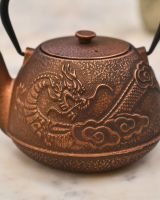 Close up of "Loong" Bronze Finish Cast Iron Japanese Style Teapot detailing