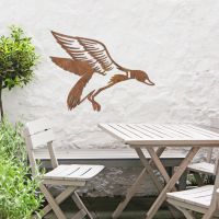 "Mallard" Duck Wall Art in the Garden Above a Wooden Table and Chair Set