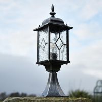 "Marsden" Silver Leaded Glass Pillar Light in Use Outdoors "Marsden" Silver Leaded Glass Pillar Light in Use Outdoors