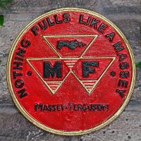 "Massey Ferguson" Cast Iron Automobilia Reproduction Sign in Situ Outdoors in the Garden "Massey Ferguson" Cast Iron Automobilia Reproduction Sign in Situ Outdoors in the Garden