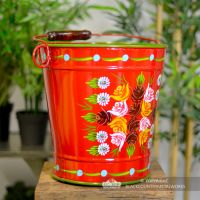 XL Log Bucket Finished in Red with a Hand Painted Rose Design 