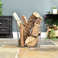 Medium Pewter Finish Wire Work Log Basket In Situ