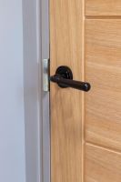 Midnight Black Hammered Unsprung Lever Door Handle on Art Deco Rose in Situ