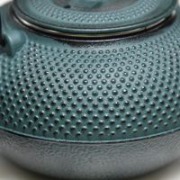 Close-Up of Dotted Pattern on Midnight Green Cast Iron Teapot 