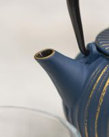 Close-Up of Teapot Spout on Miniature Blue & Gold "Ushirode Kyusu" Japanese Style Teapot