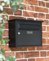 Situ Shot of Modern Black Steel Front Opening Wall Mounted Post Box with Lock