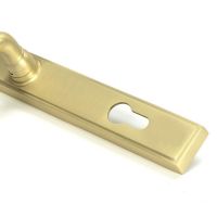 Close-Up of Keyhole for Modern Satin Brass Slim Espagnolette Door Handle & Lock Set in SItu
