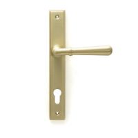 Modern Satin Brass Slim Espagnolette Door Handle & Lock Set in Situ