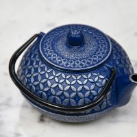 "Mulberry" Blue Cast Iron Teapot with Handle Down in Situ