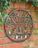Multi-Coloured Circular "Floral Tree and Stags" Garden Wall Art - 40cm