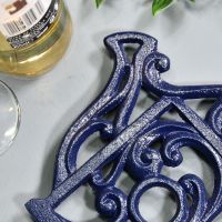 Blue Cast Iron Kettle Trivet Close-Up