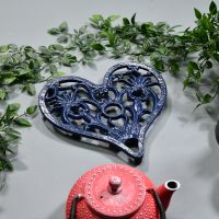 Blue Heavy Duty Heart Trivet in Situ with Teapot