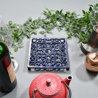 Blue Cast Iron Square Trivet in Situ with Teapot Blue Cast Iron Square Trivet in Situ with Teapot