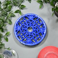 Blue Round Cast Iron Trivet with Plants