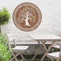 Round "Olive Tree" Wall Art in the Garden Above a Wooden Table and Chair Set Round "Olive Tree" Wall Art in the Garden Above a Wooden Table and Chair Set