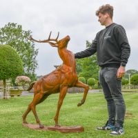 Male standing next to proud stag sculpture 