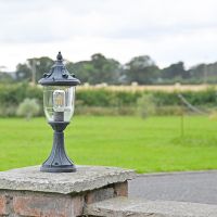 Ornate Verdigris Pillar Light in Situ on a Brick Pillar