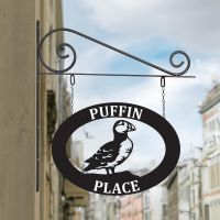 Oval Steel Puffin Hanging House Name Sign in Situ