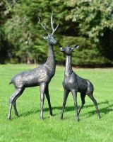 Close-Up of Pair of Cast Aluminium Freestanding "Fallow" Stag & Doe Garden Sculptures