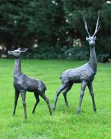 Pair of Cast Aluminium Freestanding "Fallow" Stag & Doe Garden Sculptures in the Garden