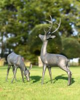 Pair of Miniature Aged Verdigris "Cherry & Blossom" Stag & Doe Garden Sculptures in the Garden