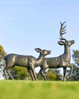 Pair of Miniature Aged Verdigris "Parsley & Sage" Stag & Doe Garden Sculptures Looking off to the Right