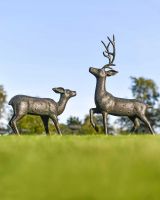 Pair of Miniature Aged Verdigris "Parsley & Sage" Stag & Doe Garden Sculptures in Situ