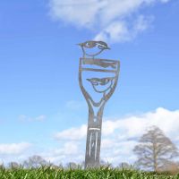 Pair of Nuthatches Sheet Steel Silhouette in Natural Steel Finish in Situ