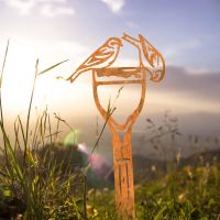 Pair of Siskins Sheet Steel Silhouette in Rustic Finish in Situ