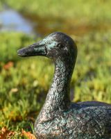 Pair of Verdigris Cast Aluminium Ducks Sitting Version with a Close up of the Head