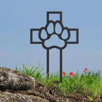 Black Grave Marker Ground Spike with Paw Print on Cross Motif