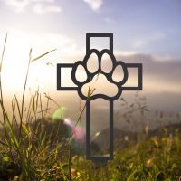 Paw Print on Cross Grave Marker Ground Spike in Black Finish