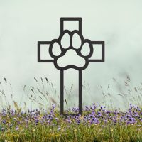 Black Grave Marker Ground Spike with Paw Print on Cross Topper