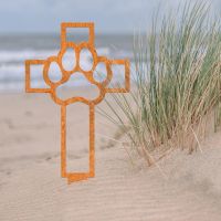 Rustic Grave Marker Ground Spike with Paw Print on Cross Motif