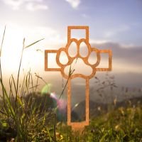 Paw Print on Cross Grave Marker Ground Spike in Rustic Finish in Situ