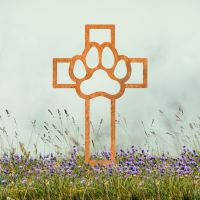 Rustic Grave Marker Ground Spike with Paw Print on Cross Topper 