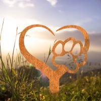 Paw Print on Heart Grave Marker Ground Spike in Rustic Finish