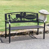 Personalised Horse & Plough Iron & Steel Park Bench in Black in Situ Personalised Horse & Plough Iron & Steel Park Bench in Black in Situ