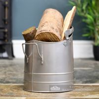 Pewter Finish Traditional Fireside Log and Coal Bucket Holding Wood Pewter Finish Traditional Fireside Log and Coal Bucket Holding Wood