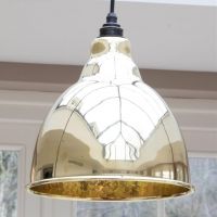 Polished Brass Bowl-Shaped Hanging Pendant Light with Smooth Brass Interior Close Up