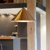 Polished Brass Conical-Shaped Hanging Pendant Light with Smooth Brass Interior Polished Brass Conical-Shaped Hanging Pendant Light with Smooth Brass Interior